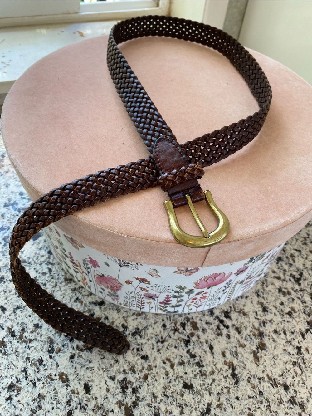Vintage Genuine Woven Leather Women’s Belt Brass Buckle L
